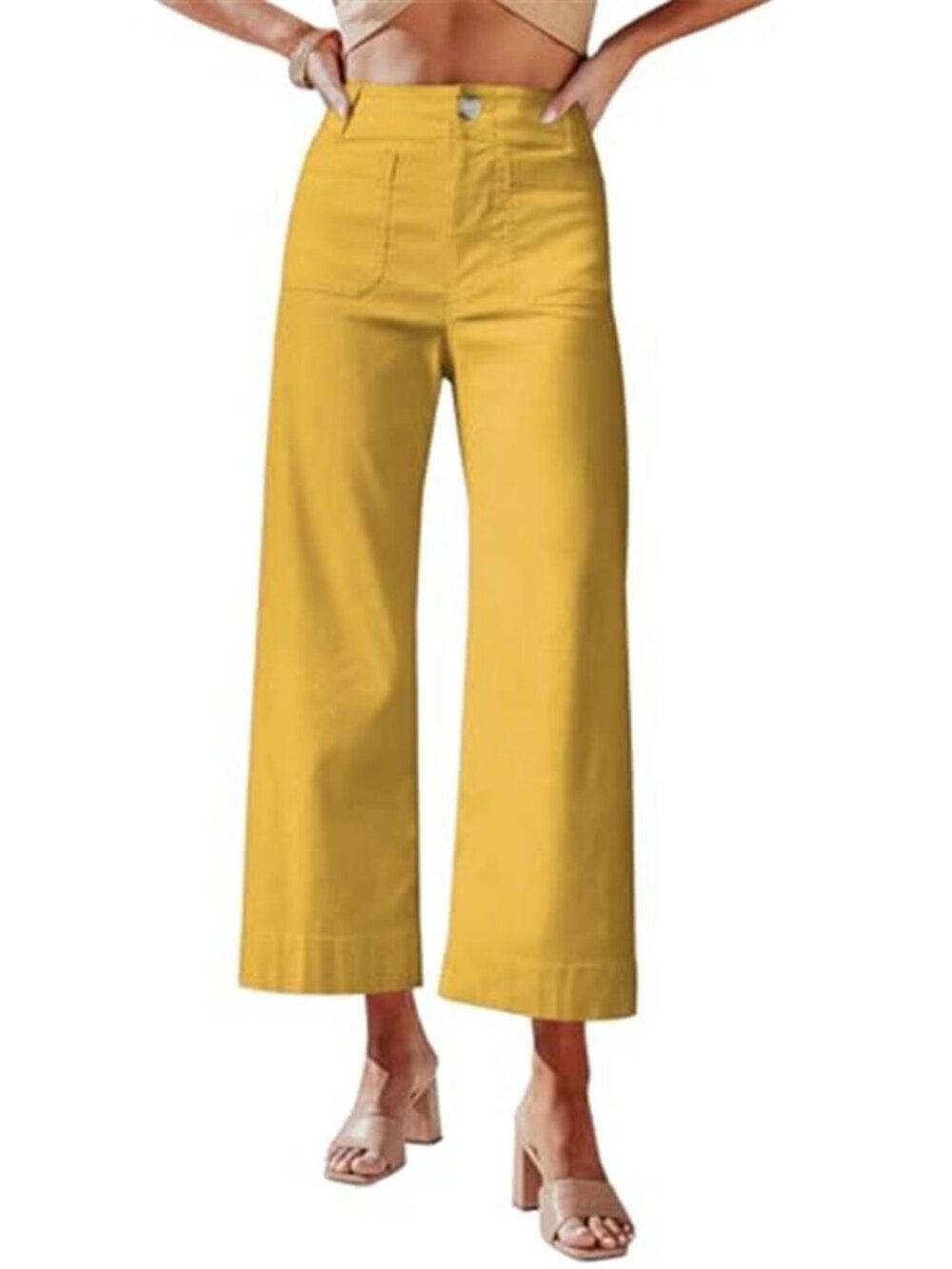 Yellow High Waist Wide Leg Cropped Pants Stretchy Straight Trousers Pockets